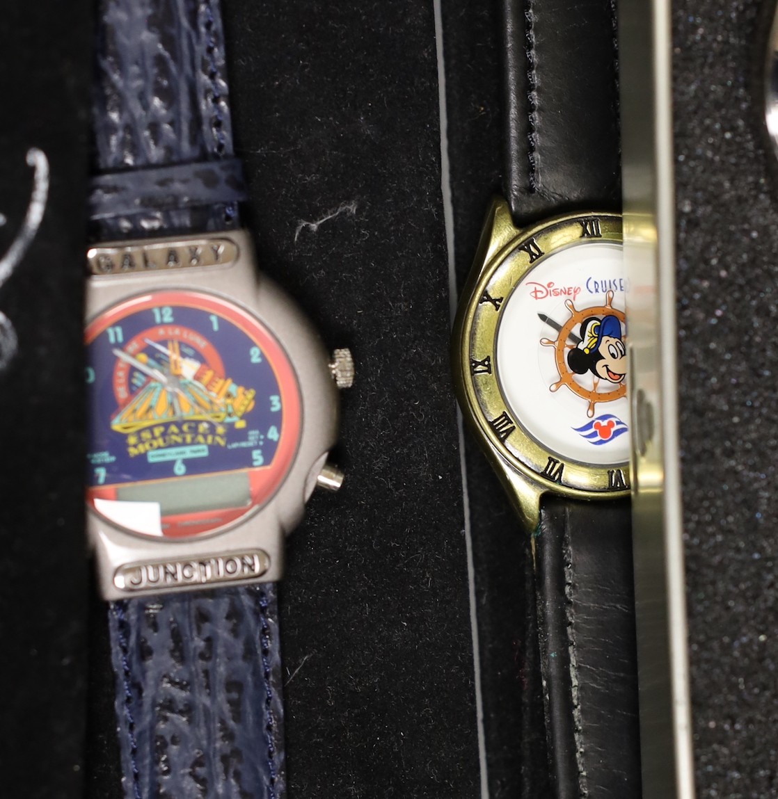 Assorted Walt Disney wristwatches including two commemorative Disney Cruise Line, 100 Years of Magic, Tarzan ride, California Adventure Park, opening of Space Mountain, Disneyland Paris (9 total)